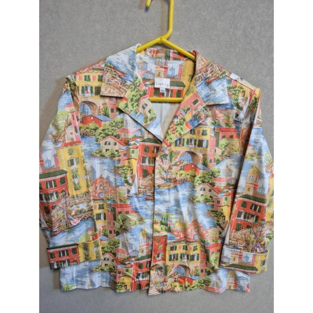 Staples Women Multicolor Scenic Mediterranean Village Print Button Front Top 12